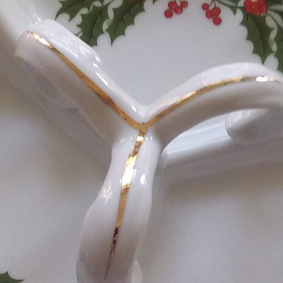 Porcelain three section Relish candy Christmas dish Holly Gold Trim - Picture 9 of 15